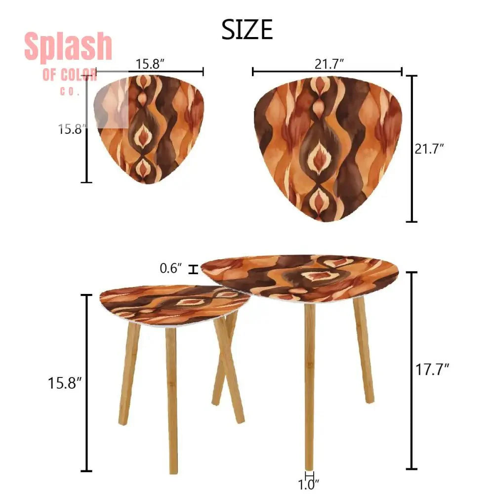 Ikat Boho Nesting Tables Brown Golden Watercolor, Bohemian Home Decor Side Tables