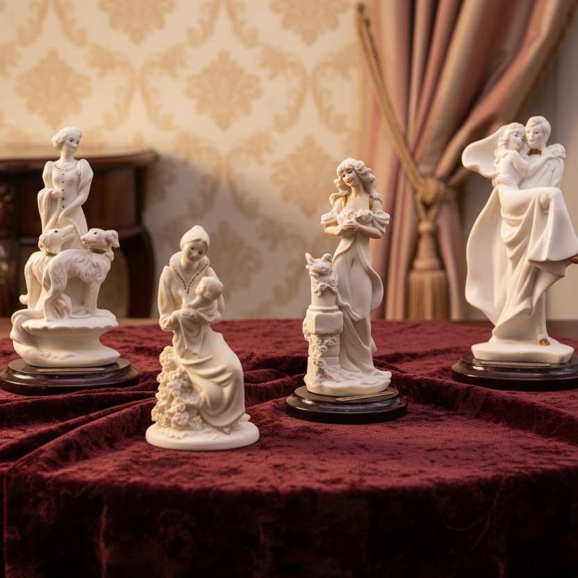 Set of white figurines on a red tablecloth with a decorative background