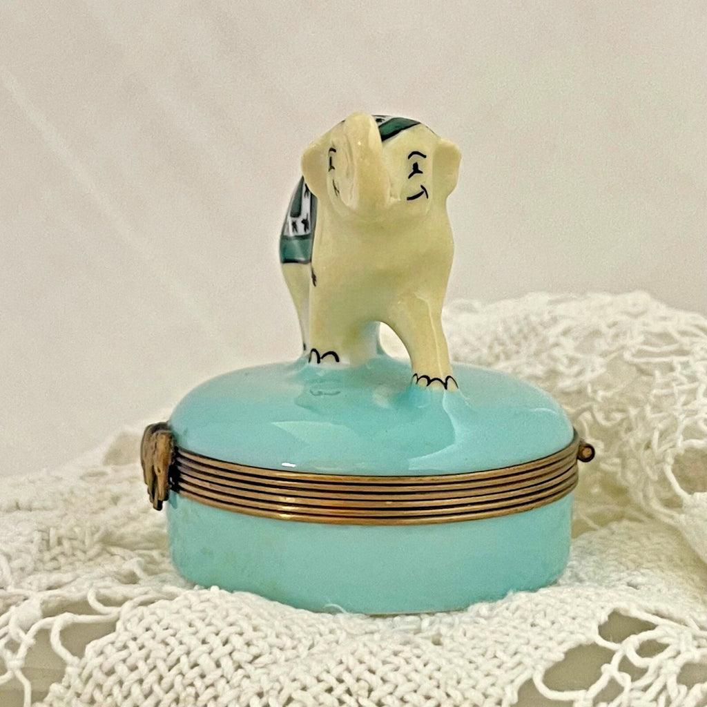 Limoges Castel France Trinket Box – "Gambler" Elephant in Green Garb - LADYBIRD LAUGH