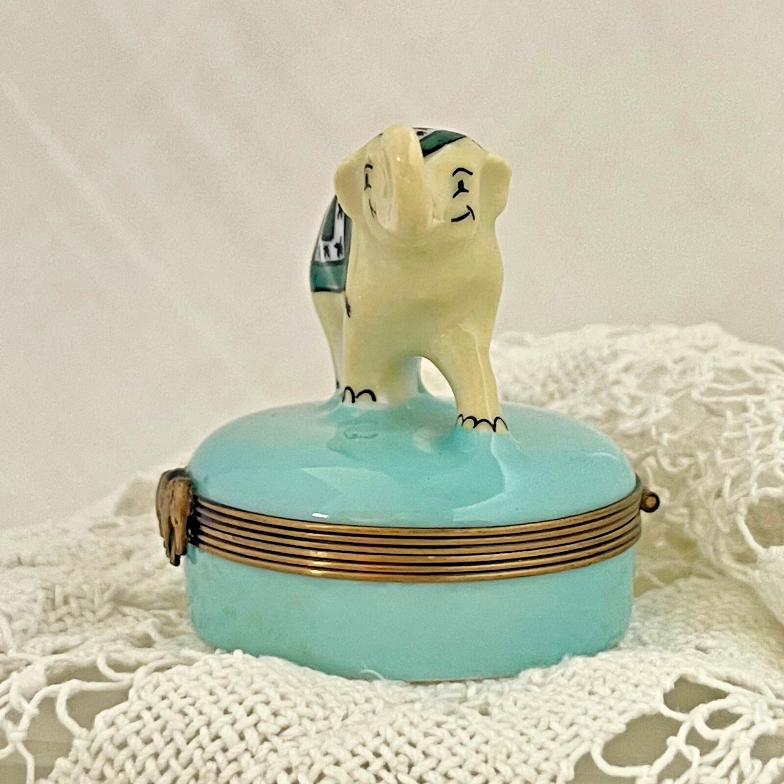Limoges Castel France Trinket Box – "Gambler" Elephant in Green Garb - LADYBIRD LAUGH