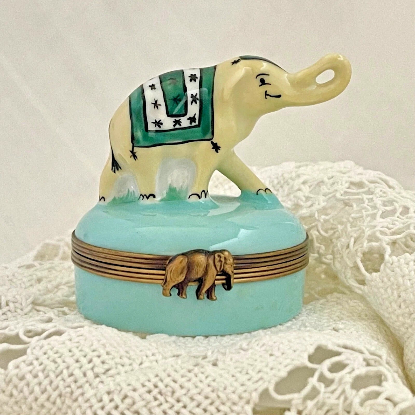 Limoges Castel France Trinket Box – "Gambler" Elephant in Green Garb - LADYBIRD LAUGH