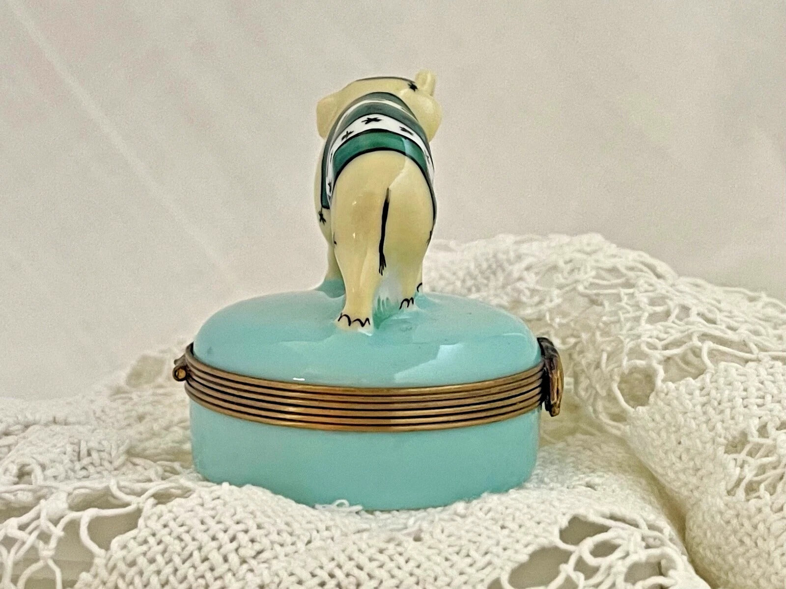 Limoges Castel France Trinket Box – "Gambler" Elephant in Green Garb - LADYBIRD LAUGH