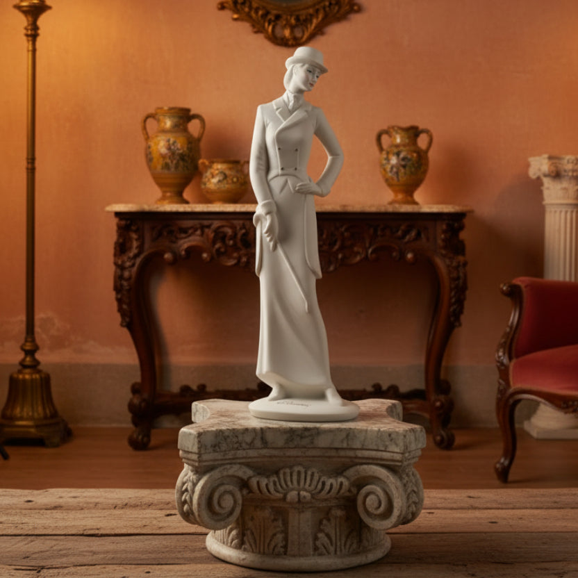 White ceramic figurine of a woman with a hat on a black background