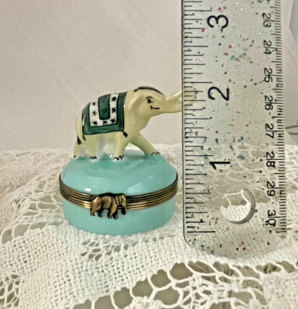 Limoges Castel France Trinket Box – "Gambler" Elephant in Green Garb - LADYBIRD LAUGH
