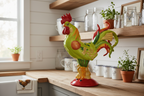 Decorative rooster sculpture on a kitchen counter with plants and jars in the background.