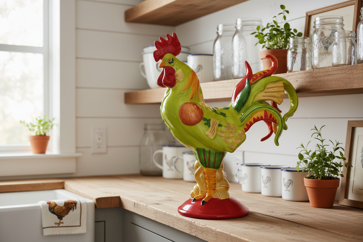 Decorative rooster sculpture on a kitchen counter with plants and jars in the background.