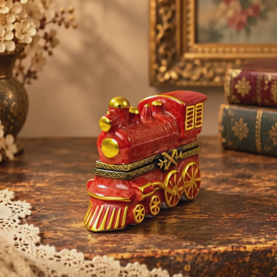 Limoges France red locomotive train trinket box