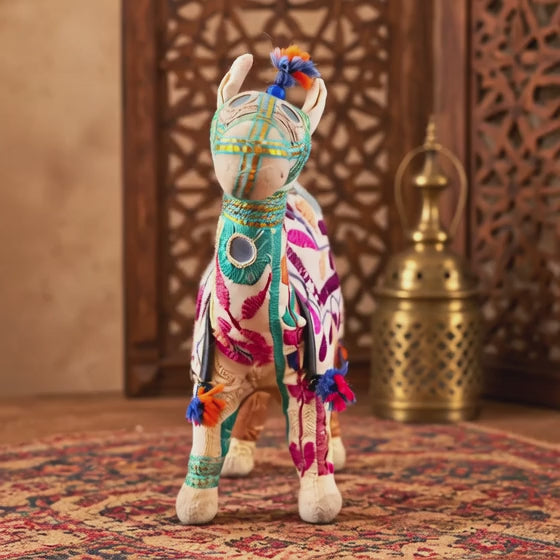 Embroidered Indian fabric camel figurine with blue beads, colorful tassels and bohemian folk art details
