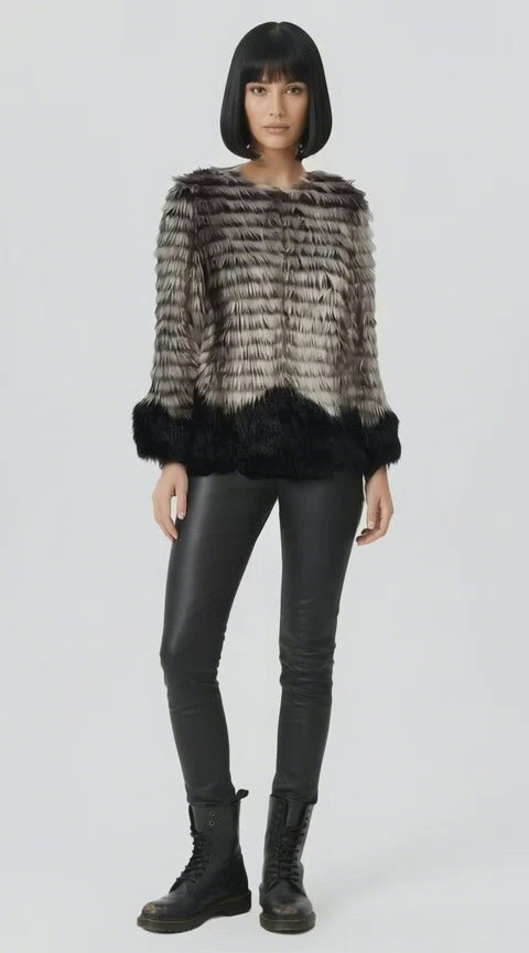 Steve Madden Faux Fur Coat – Ombre Gray & Black Glam Statement Jacket - Medium
