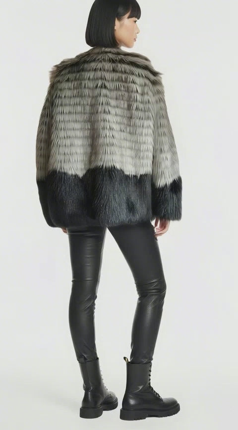Steve Madden Faux Fur Coat – Ombre Gray & Black Glam Statement Jacket - Medium