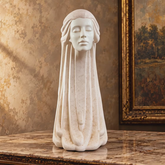Woman in the wind ivory ceramic sculpture with flowing hair, Art Deco revival female bust