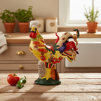 Colorful rooster sculpture on a kitchen counter with tomatoes and a pepper.