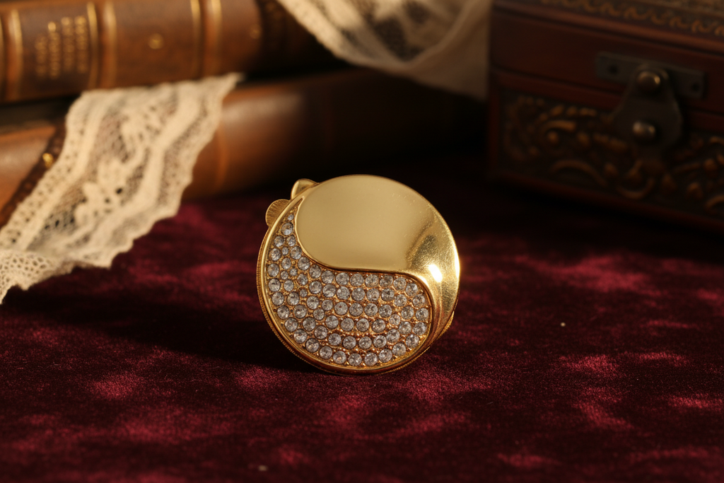 Gold compact mirror with crystal embellishments on a white background