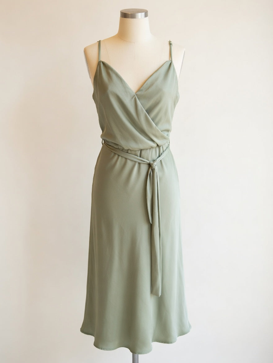 Sage Green Satin Cowl Neck Wrap Dress - LADYBIRD LAUGH